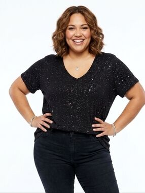 Together Plus Size Black V-Neck Sparkle Tee
